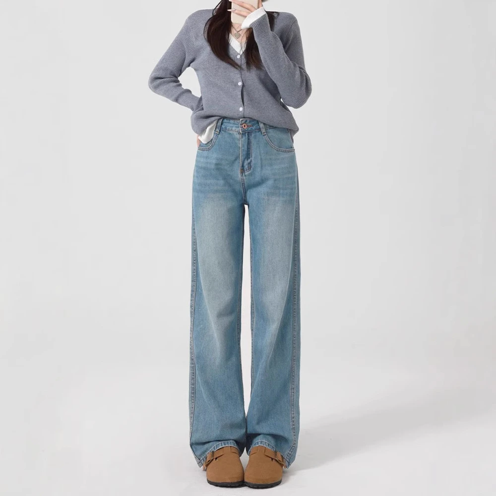 By all 集合店阔腿牛仔裤女2025春秋款高腰宽松身材窄版直筒裤