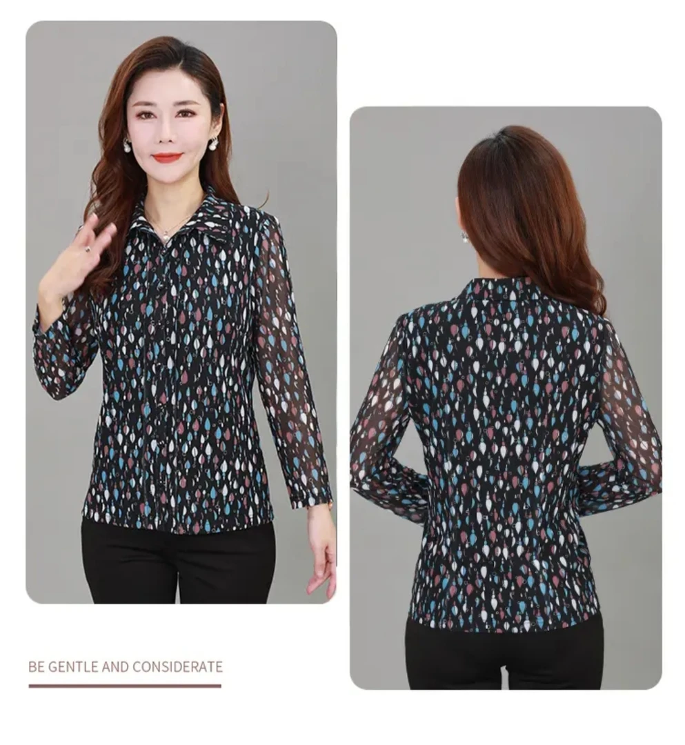 雪琳儿弹力台湾网纱中老年女装春夏长袖开扣修身衬衫上衣