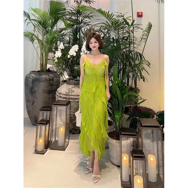 法式纯欲洋气荷叶边仙女吊带长裙女设计感宽松微透气质无袖连衣裙