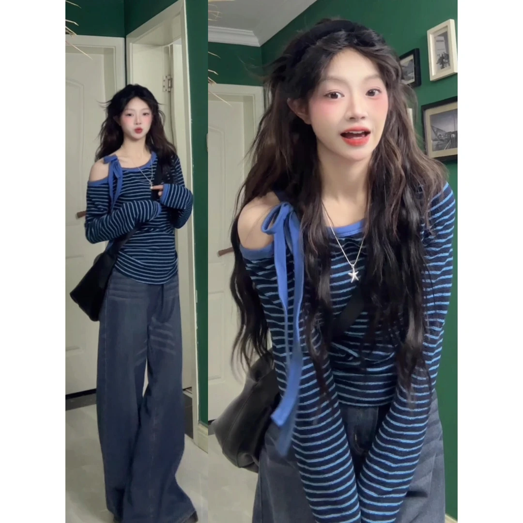韩系撞色条纹露肩长袖T恤女2025春小个子系带设计感显瘦斜肩上衣