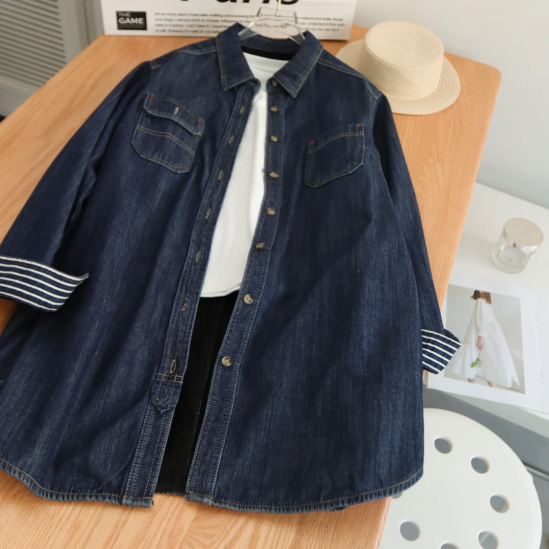 复古加厚一体绒中长款牛仔衬衫女长袖保暖宽松大码加绒牛仔衬衣