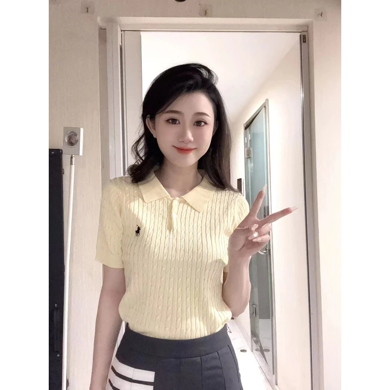 2025春夏新款POLO立领针织上衣女款商务风翻领夏季短袖套头衫