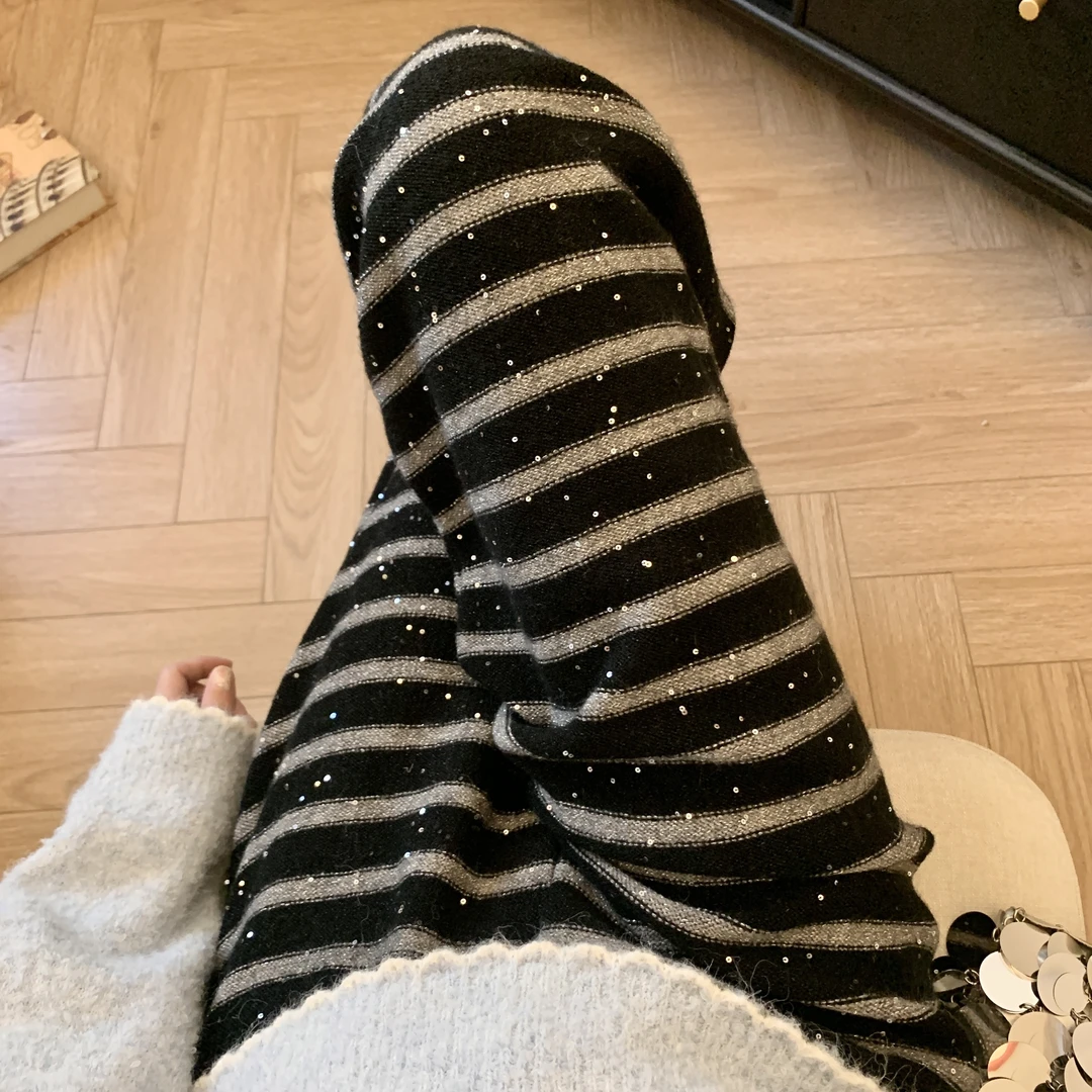 法式慵懒风撞色条纹针织阔腿裤女秋冬亮片百搭上班休闲裤直筒长裤
