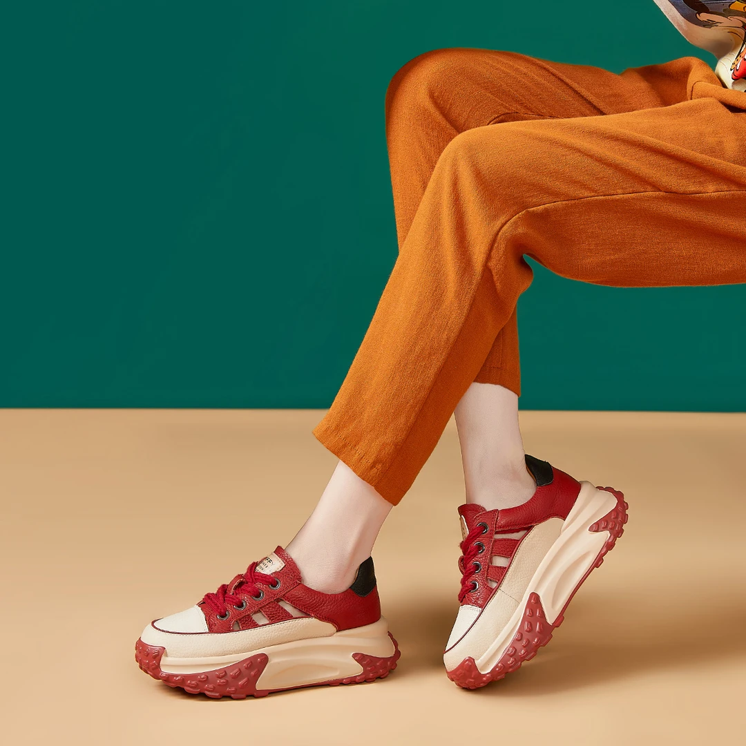 ｜回眸一笑｜5公分双色底011头层牛皮夏季新款女鞋透气镂空老爹鞋女