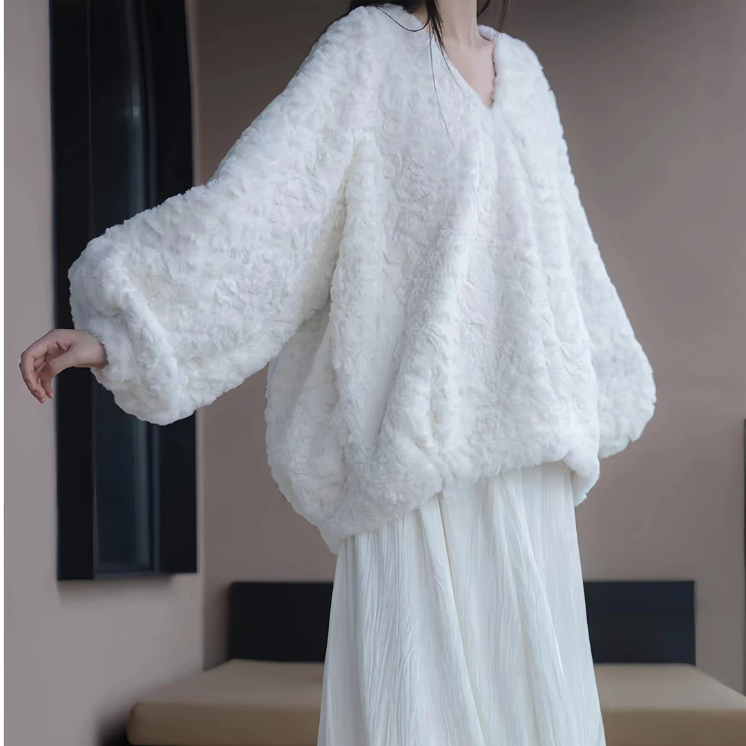 【抚云朵朵】自制柔软仿兔毛麂皮绒V领保暖冬宽松灯笼袖女