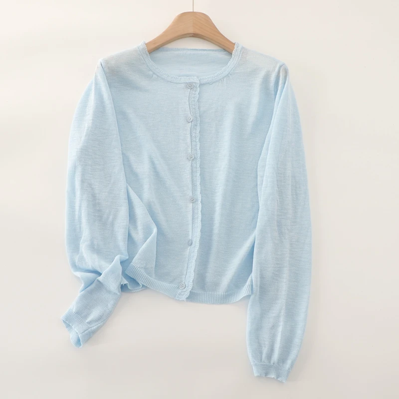 夏季新款竹节麻针织衫女设计感自带花边纯色圆领空调外搭防晒衫