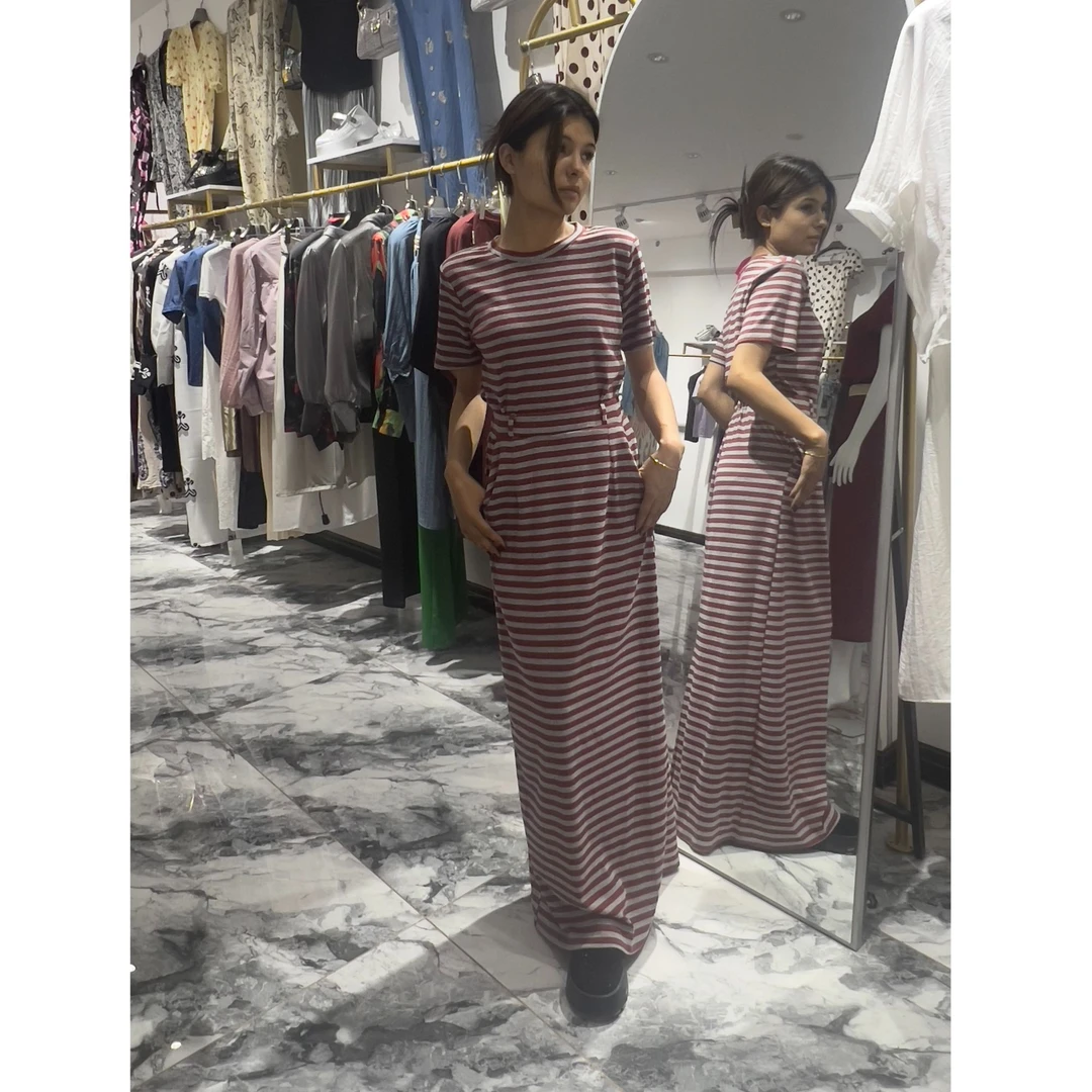 夏季新品休闲条纹圆领系带收腰显瘦遮肚纯棉短袖连衣裙女长裙