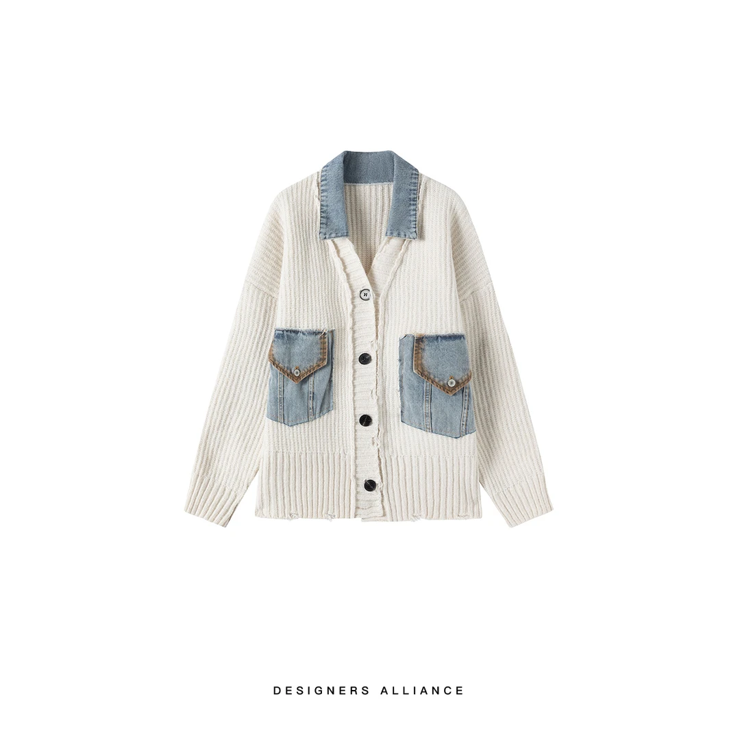 拼接休闲韩版通勤百搭毛衫牛仔外套#25192