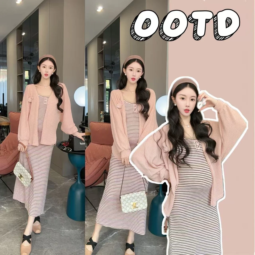 秋季收腰显瘦纯欲风辣妹条纹包臀吊带连衣裙女+慵懒针织开衫套装