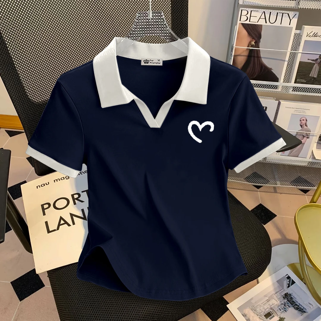 藏青色Polo领短袖t恤女短款新款夏季半小爱心潮上衣小女孩翻领T恤