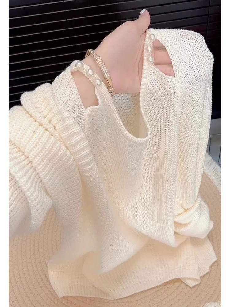 欧货镂空露肩宽松百搭针织衫上衣女秋季新款慵懒风小众高级感毛衣