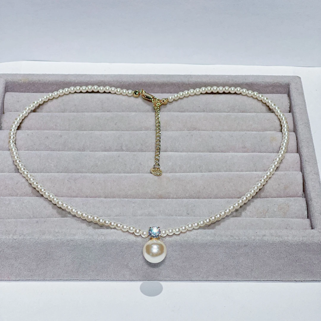 铜玻璃项链 复古法式设计小众贝珠锁骨链女士气质百搭3099