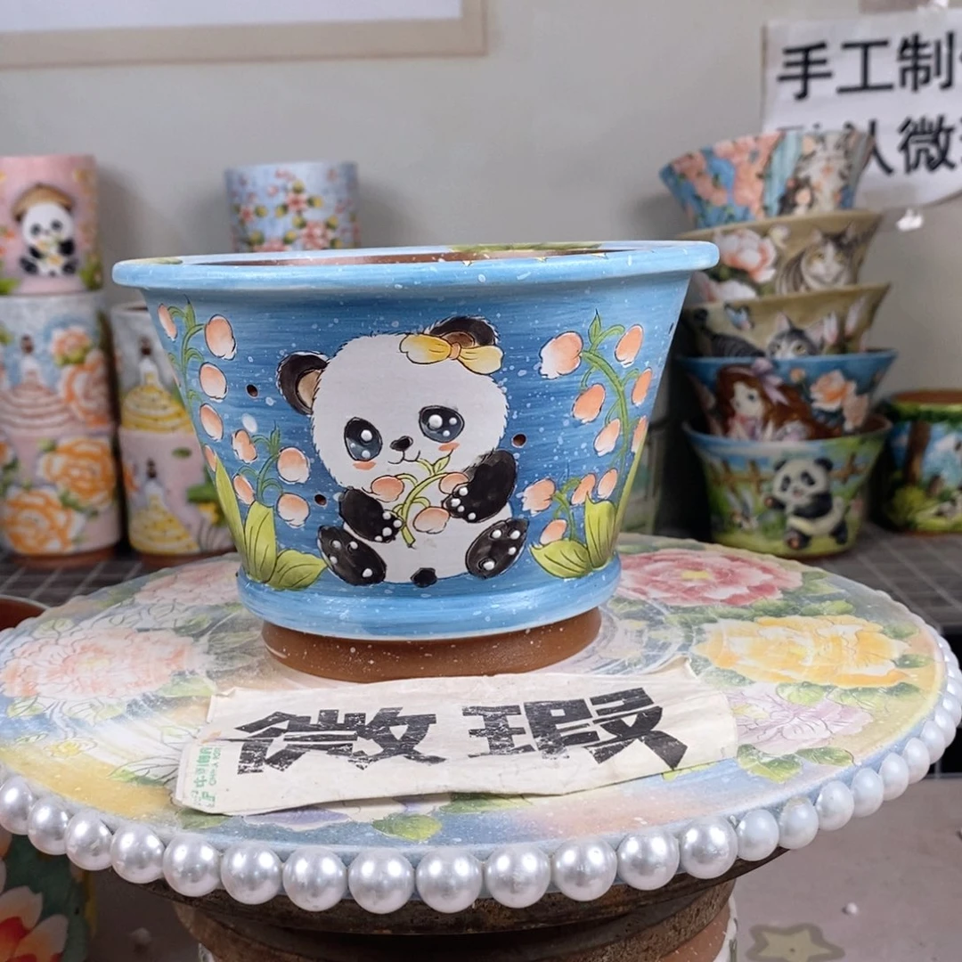 紫砂花盆红陶手绘花盆