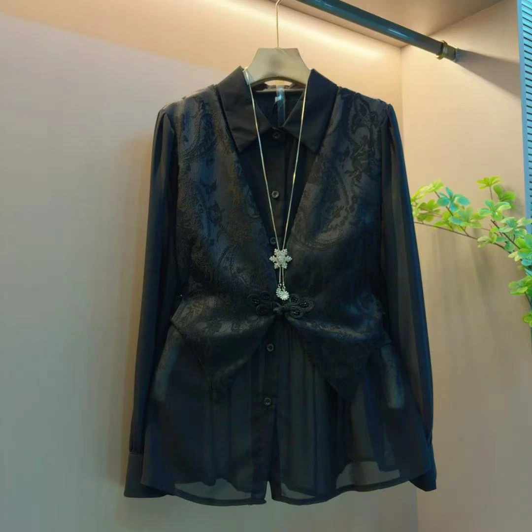 新款国风盘扣假两件气质显瘦拼接时尚洋气减龄上衣（衣长71左右）