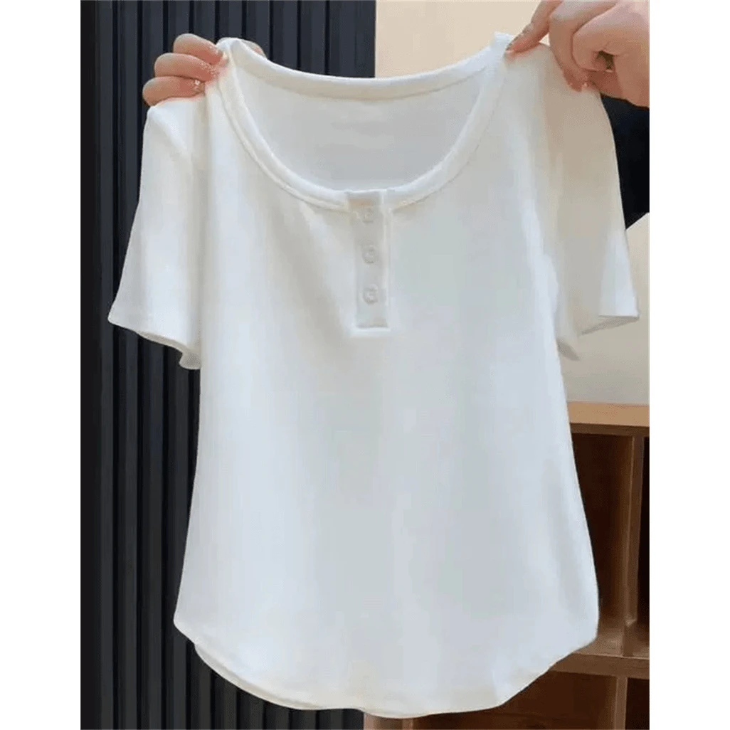 春夏季白色方领正肩短袖T恤女大码设计感修身打底衫百搭显瘦上衣