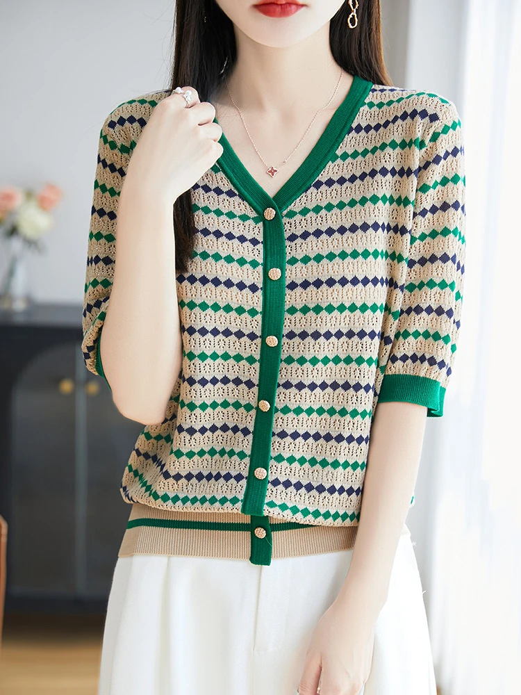 新款夏季V领开衫短袖女宽松薄款莱赛尔天丝T恤上衣小香风