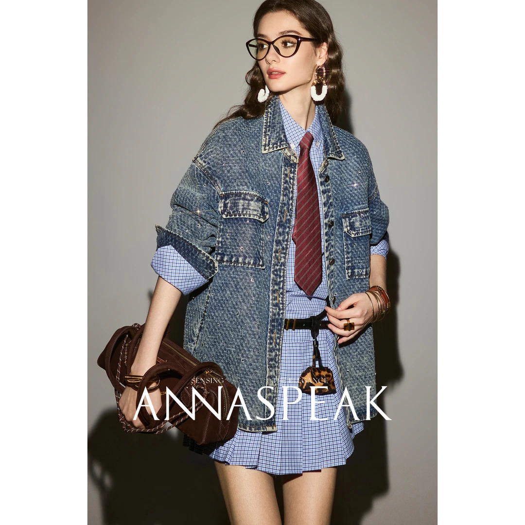 ANNASPEAK新疆长绒棉重工烫钻雪花水洗牛仔外套