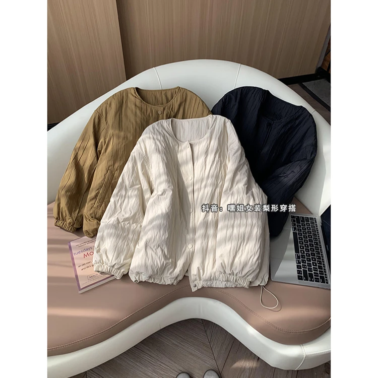 【极简欧包】慵懒风加厚棉服女绗缝夹棉肌理竖条保暖棉服外套24168