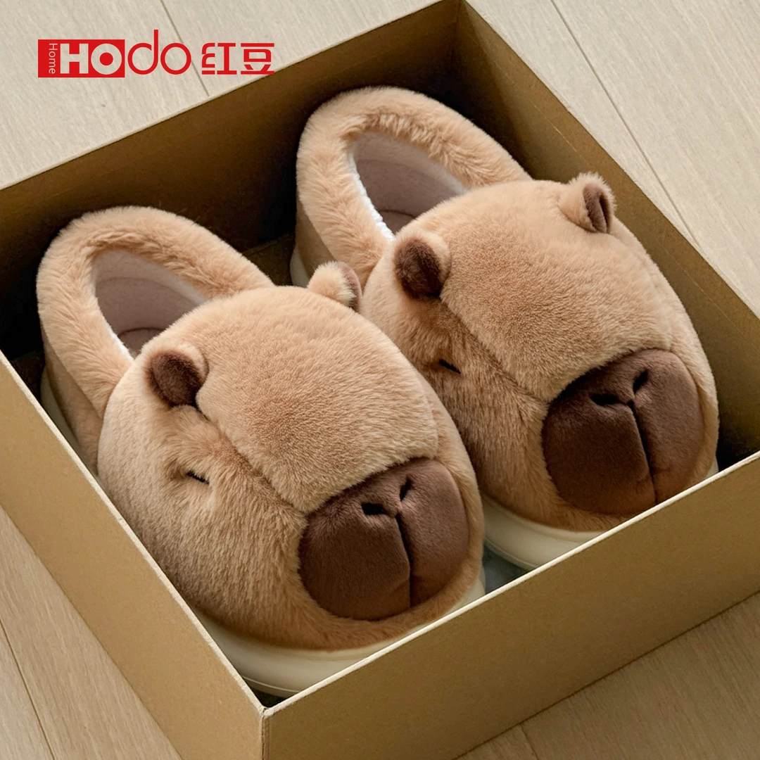 红豆卡皮巴拉棉拖鞋女士款2025新款爆款冬季防滑保暖毛绒包跟棉拖