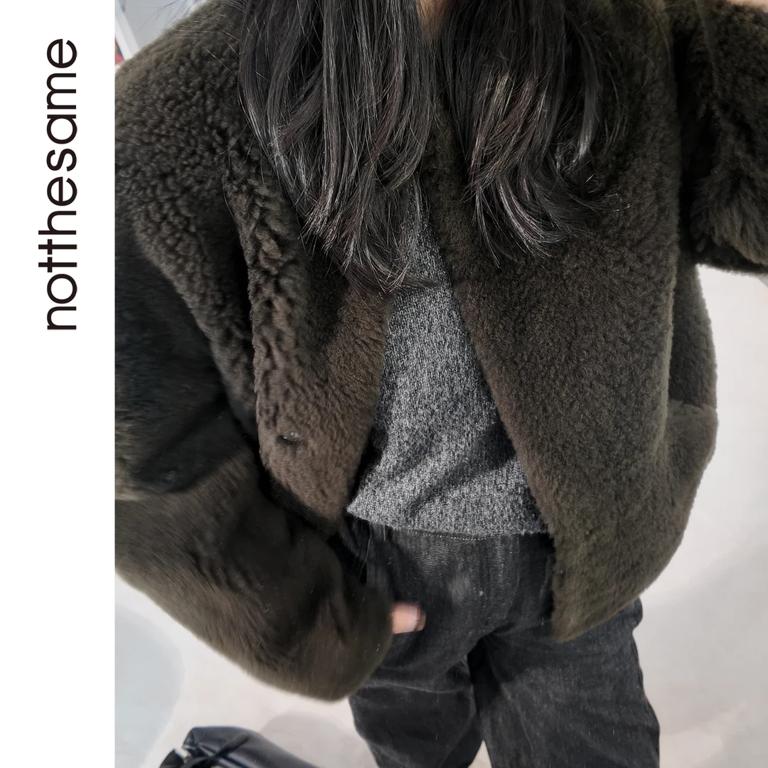 【松间寻梦】军绿色西班牙进口拉贡羊绒皮毛一体外套