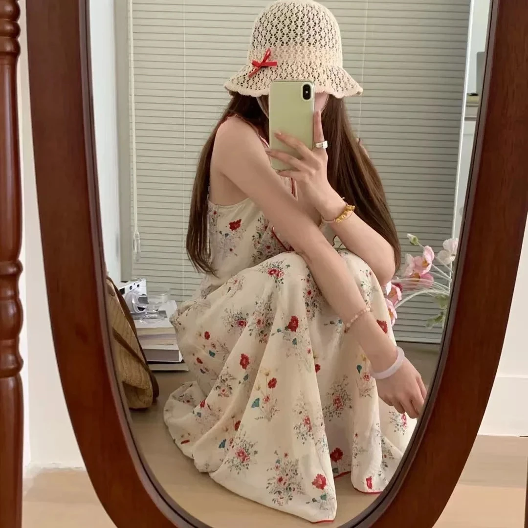 清仓荷叶花边撞色领吊带连衣裙女修身显瘦碎花长裙