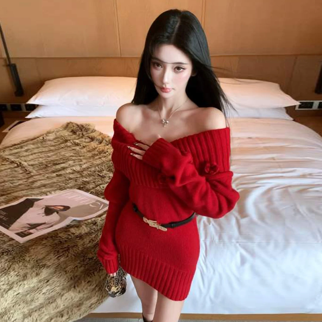 圣诞新年穿搭法式红色针织连衣裙女2025秋冬季修身显瘦长袖包臀裙
