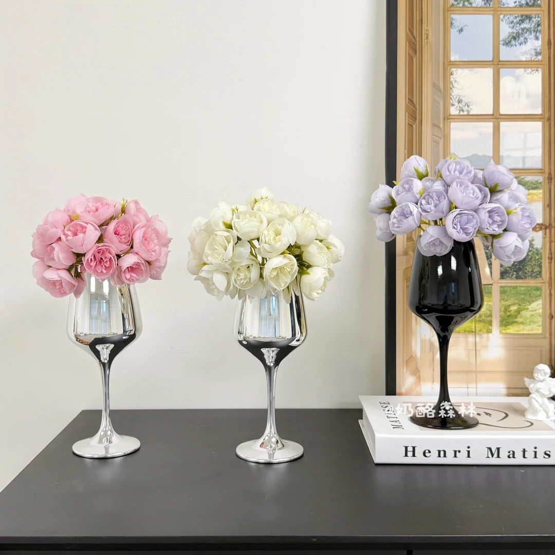 高级感轻奢仿真花客厅装摆件高脚杯玻璃花瓶出租屋房间装饰用品