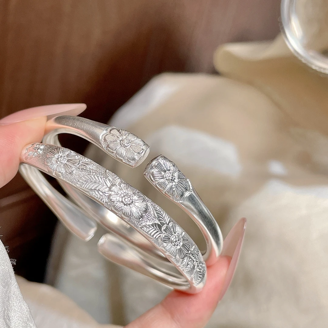 足银手镯 女士纯银手镯足银999.9古法分色太阳花银镯子新中式古风