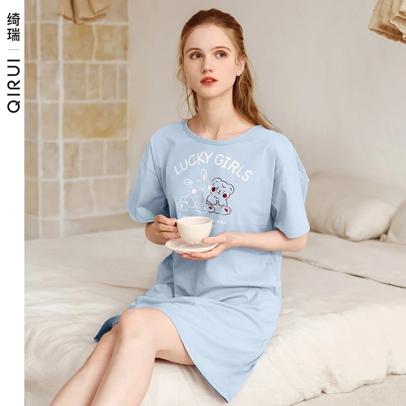 绮瑞直播WQR003夏日少女风可外穿纯棉睡裙女甜美俏皮夏款睡衣女