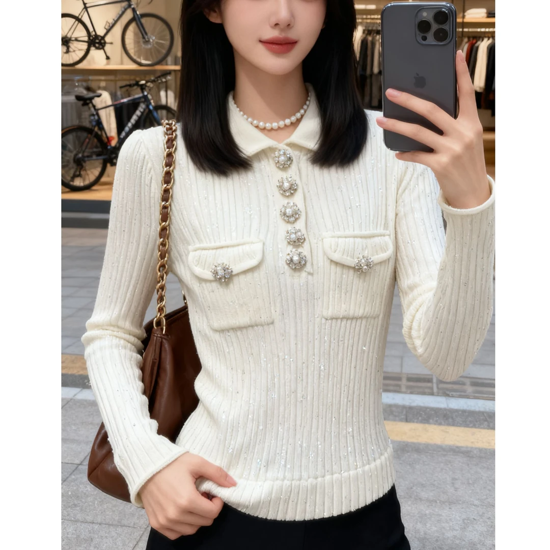 《猪猪出品》珍珠纽扣长袖娃娃翻领白色女装短款显瘦设计感气质