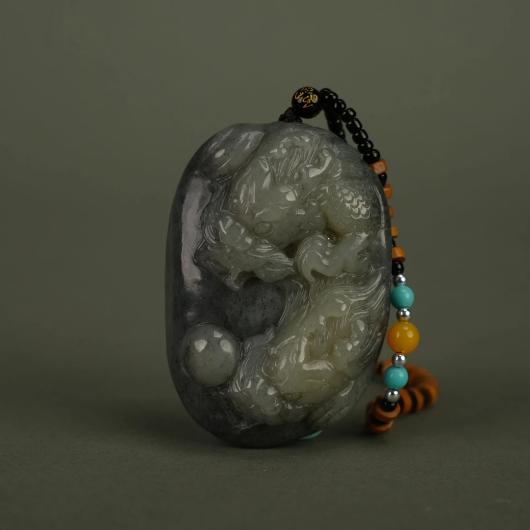 112613 和田玉青花二龙戏珠吊牌