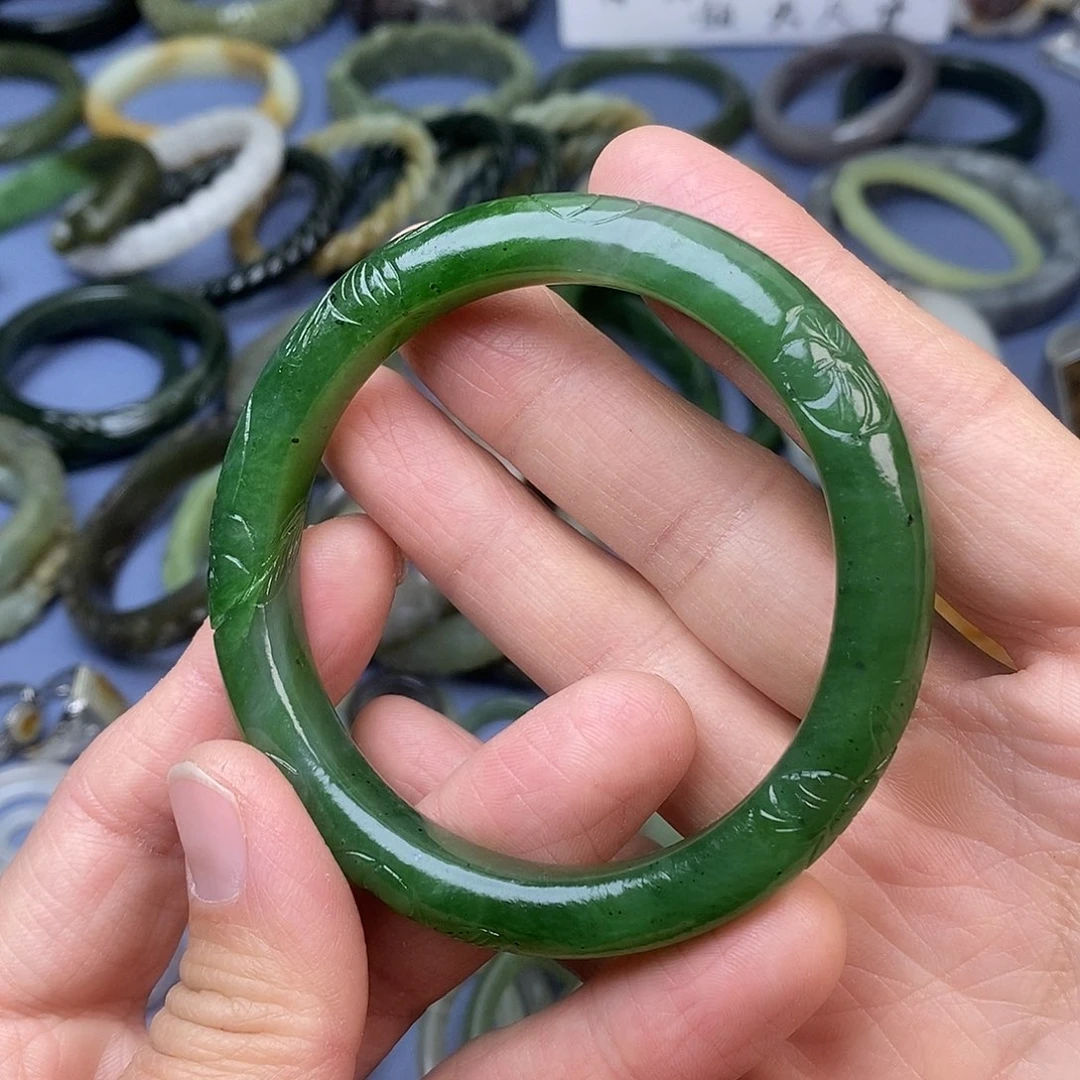 和田玉（碧玉）未镶嵌手镯003，圈口60.8mm小花花