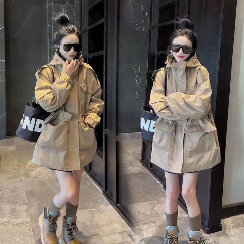 欧货洋气春秋季新款韩版时尚休闲连帽工装外套女风衣中长款冲锋衣