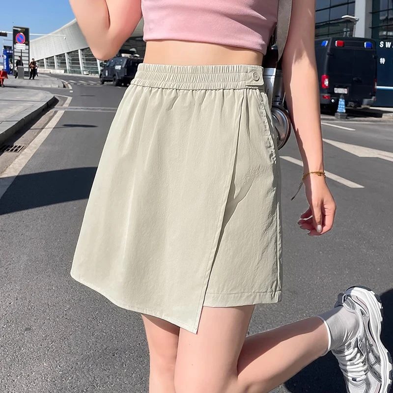 冰丝速干裙裤女夏季薄款假两件高腰a字显瘦垂感小个子半身短裙子