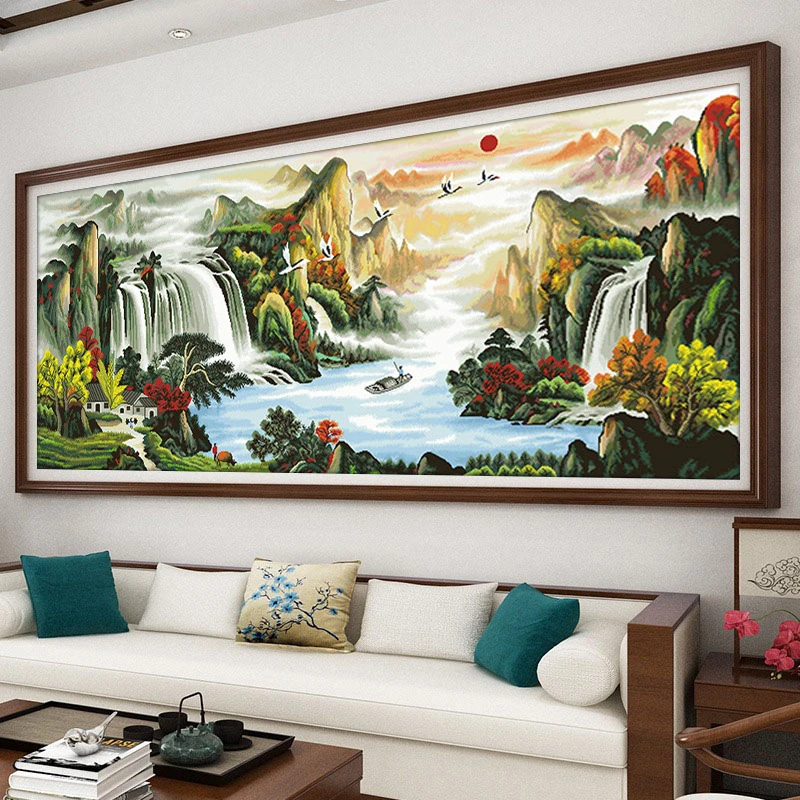 材料非成品旭日东升十字绣套件手工自己绣客厅风景山水大幅挂画