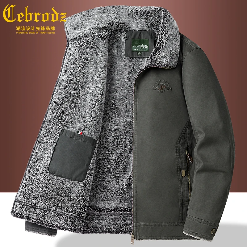 法国Cebrodz男士加绒加厚棉服冬季中年爸爸休闲商务保暖翻领夹克