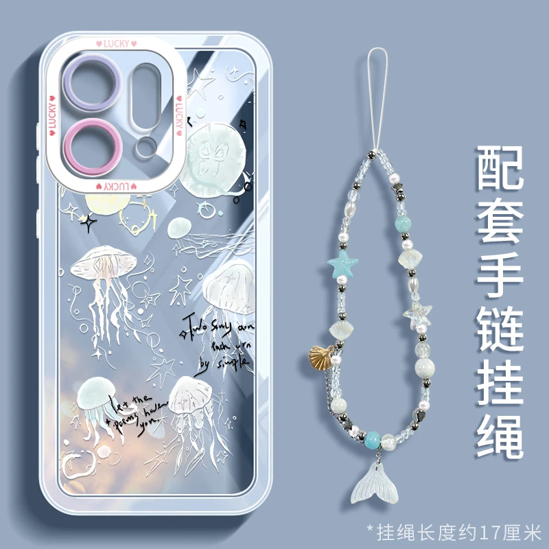 蓝色人鱼姬手链适用opporeno15手机壳reno14pro新款超薄13带挂绳
