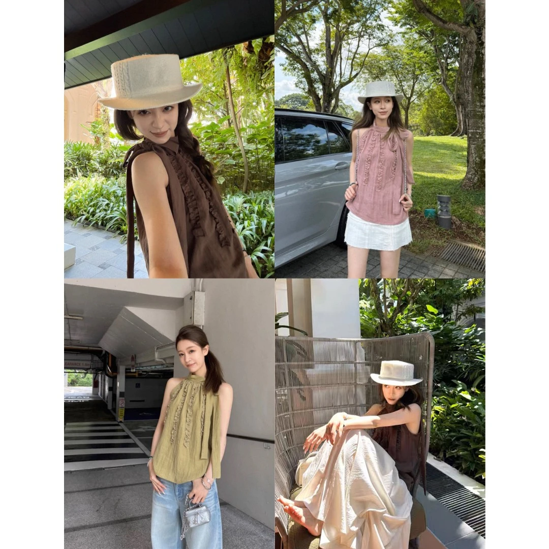 立领显瘦系带性感挂脖背心+清冷感拼接开衩半身裙C  8911#