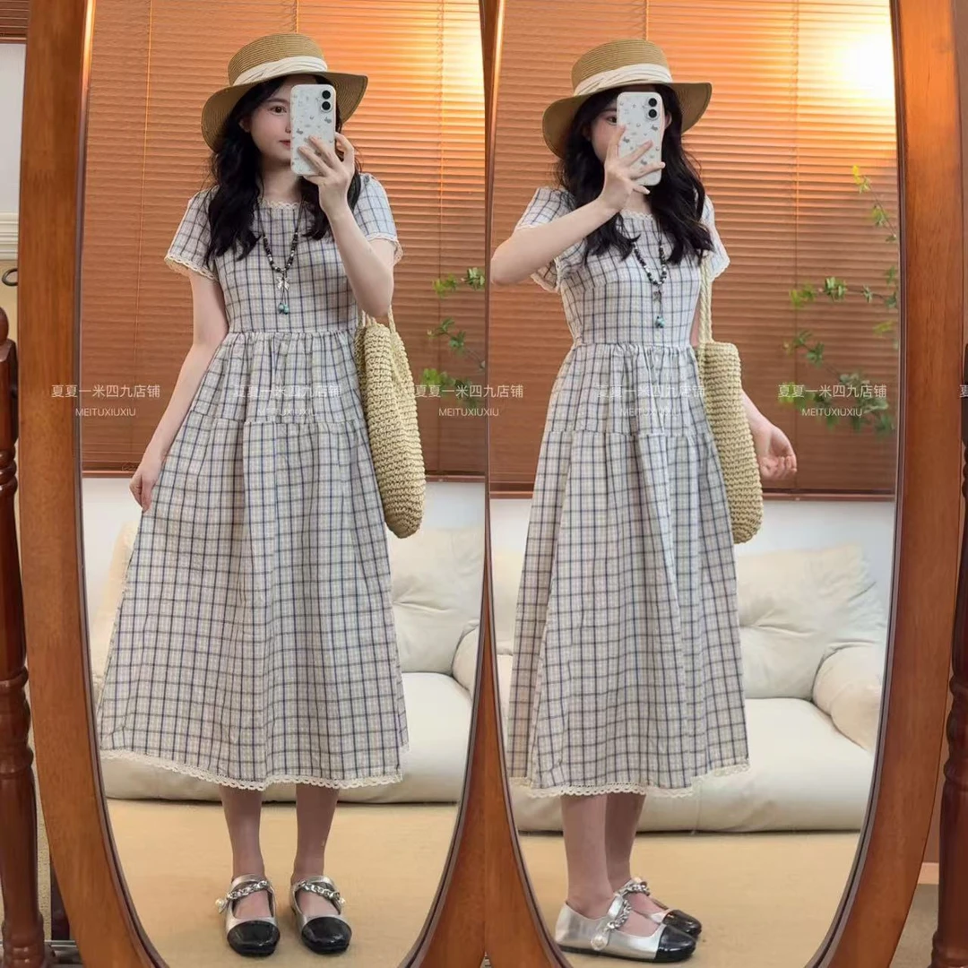 夏上新！法式森系格子连衣裙女夏季新款花边拼接收腰时尚裙子16