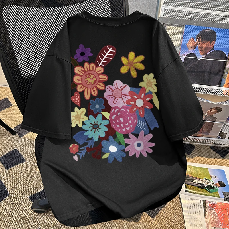 jtrt潮牌花卉印花260G重磅纯棉短袖男女士夏季宽松情侣装百搭T恤