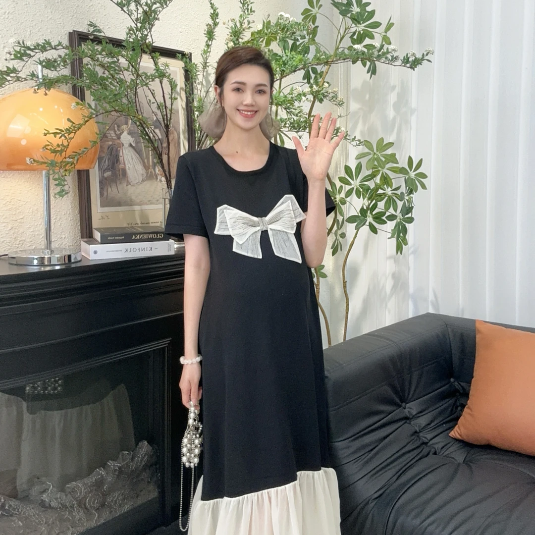 Zoey孕妇装［蕾丝蝴蝶］春夏凉感曲珠弹力甜美打底孕妇长款连衣裙