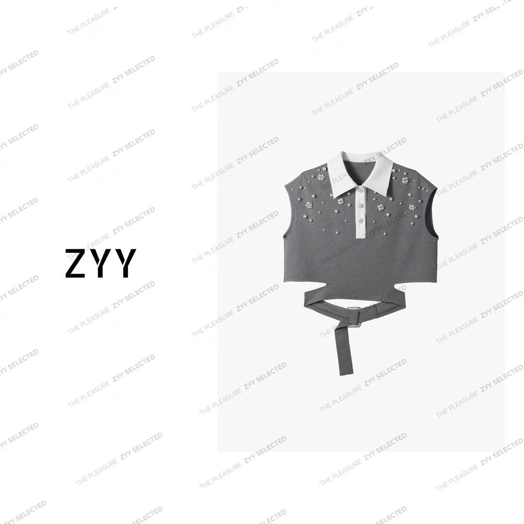 ZYY【苏格画廊】2025S/S新品重工立体渐变钉珠花灰T袖女X25XTX00521