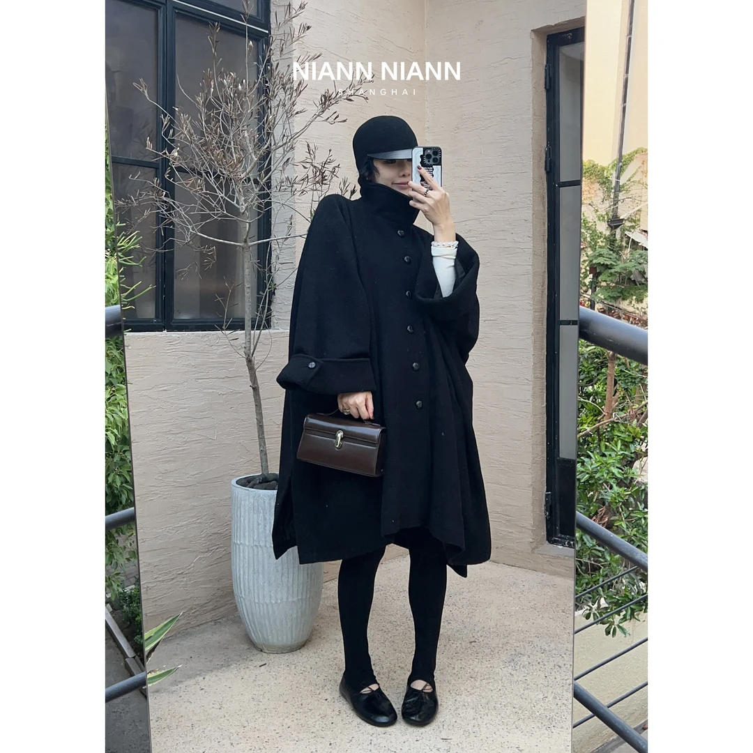 NiannNiann 新品复古通勤气质感100羊毛立领斗篷大衣16342