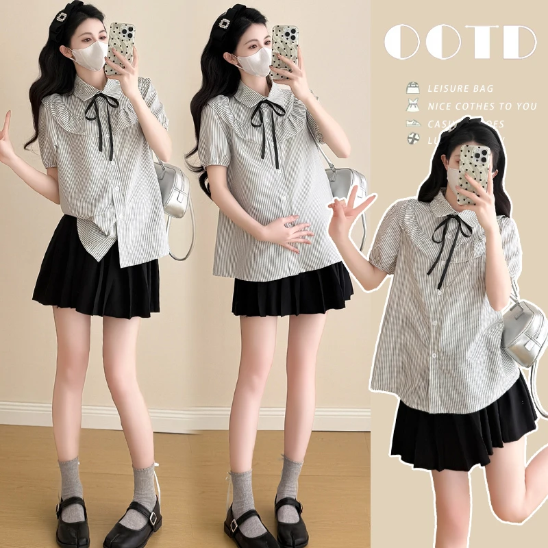 { 糕糕 }小个子专属孕妇装2025学院风条纹荷叶衬衫甜美百褶裙套装