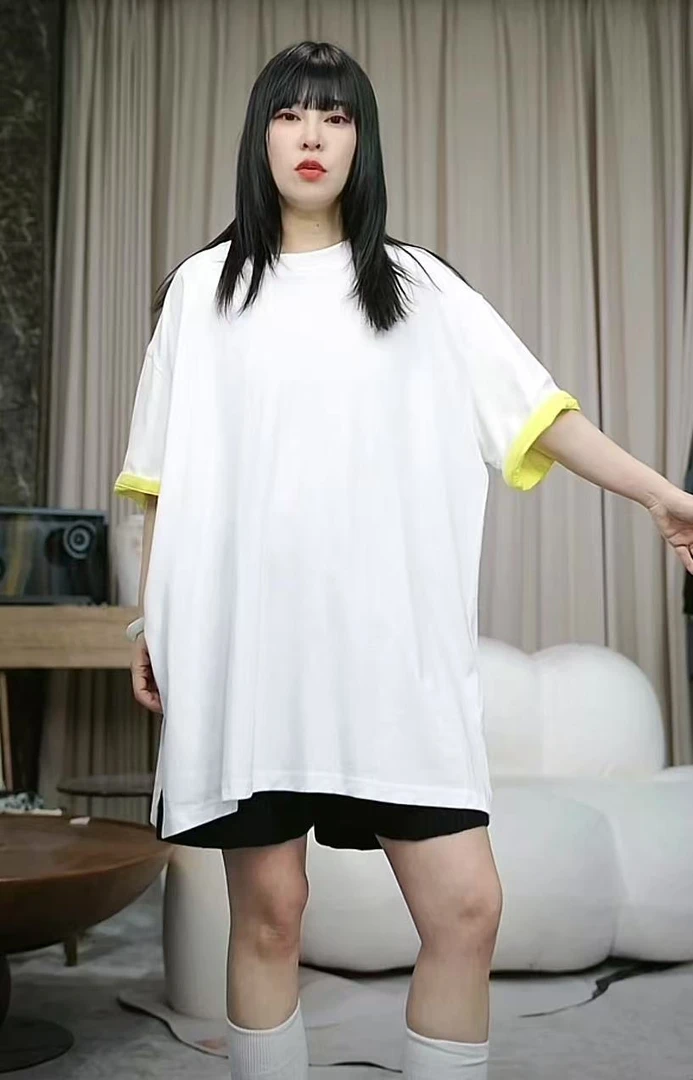 infobyfive2025春夏新款百搭休闲翻袖撞色圆领短袖T恤2DD1412