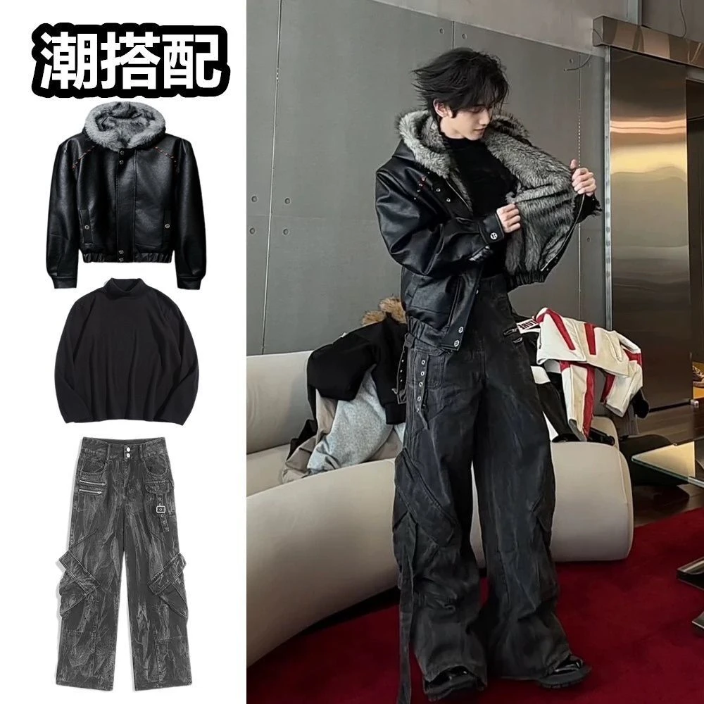 美式连帽座山雕皮衣外套装男棉服冬季加绒加厚痞帅毛领棉衣一整套