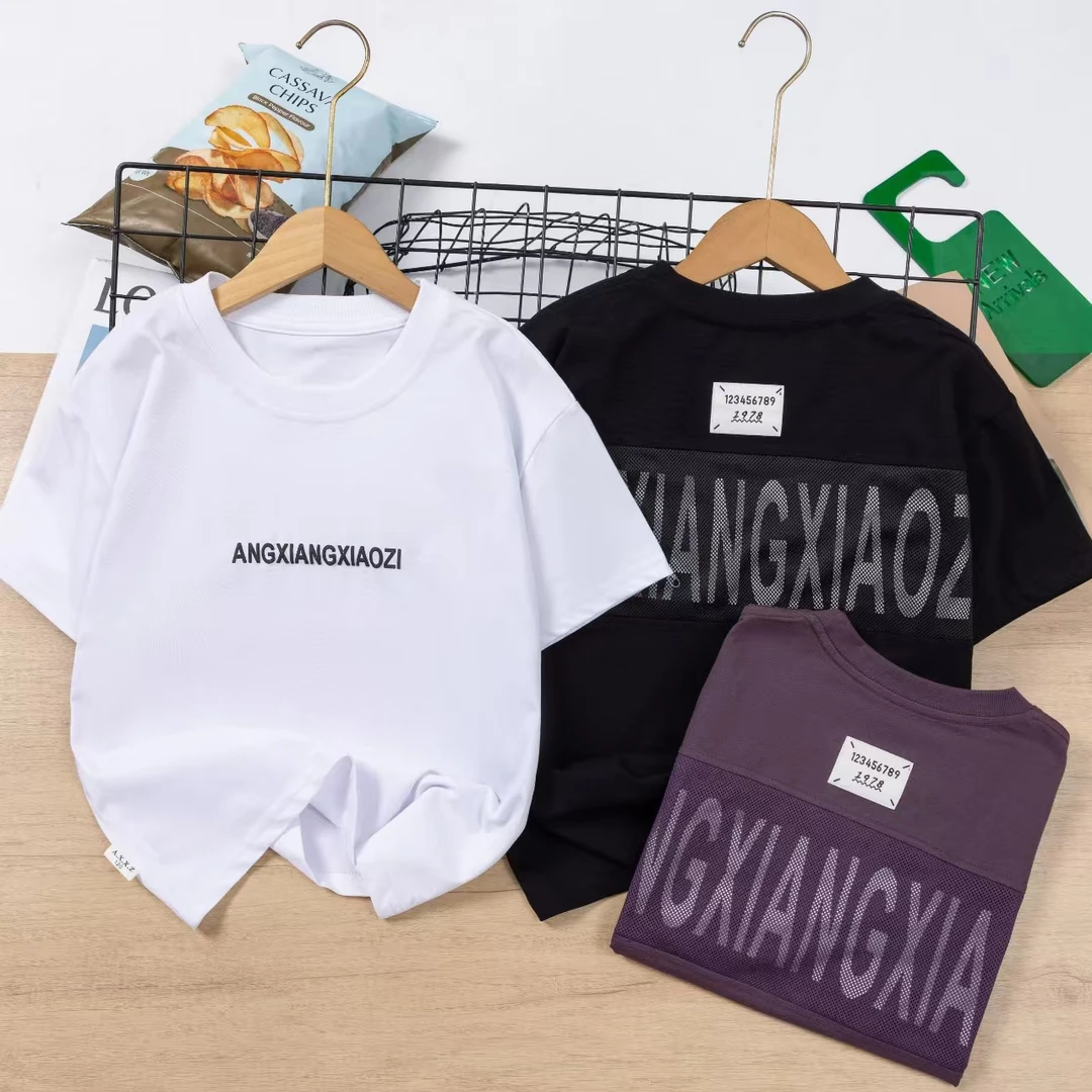 (2525)圆领夏季短袖印花韩版吸汗男T恤宽松童装套装中大童洋气