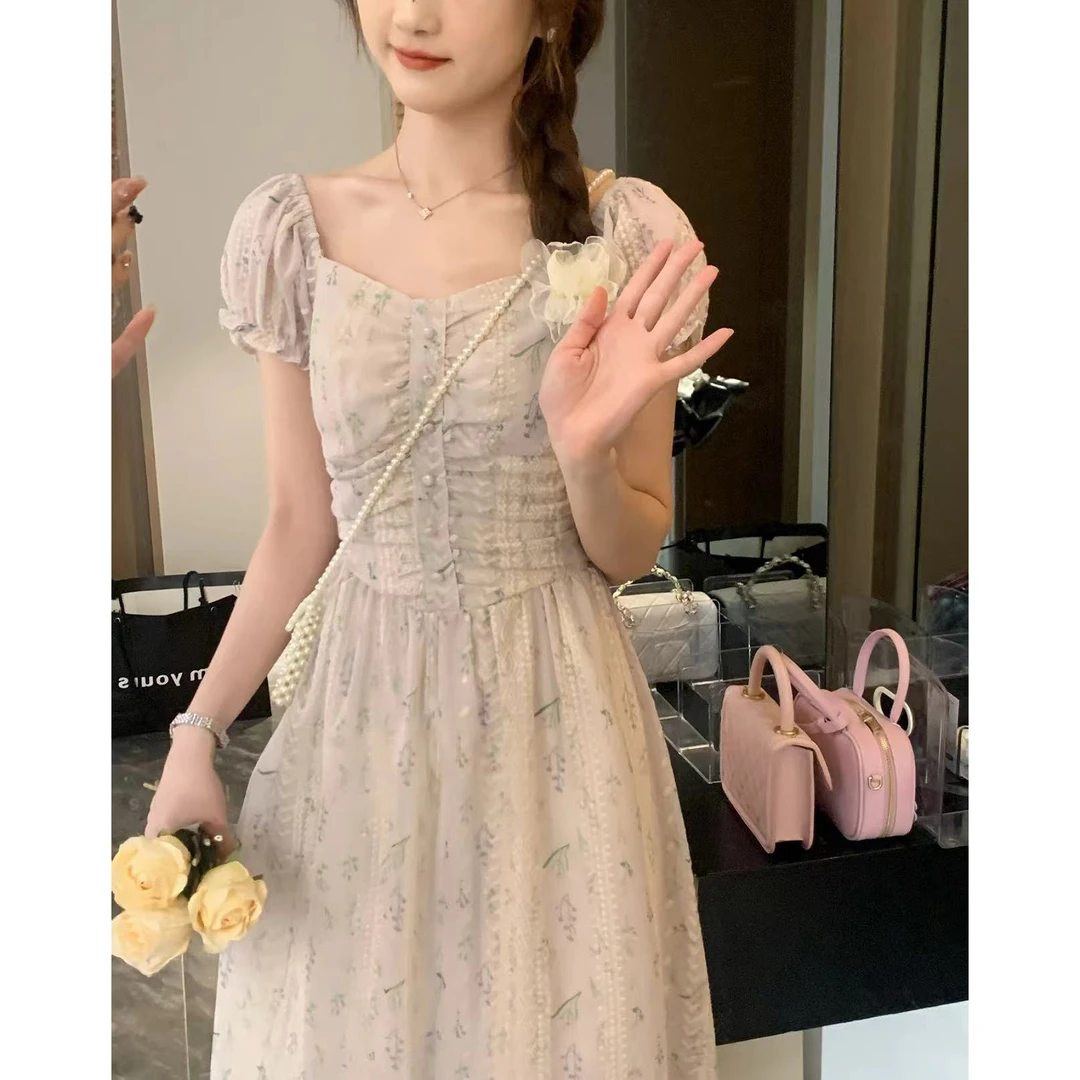 【年末青仓】安璃 淡紫色小碎花连衣裙收腰 6111