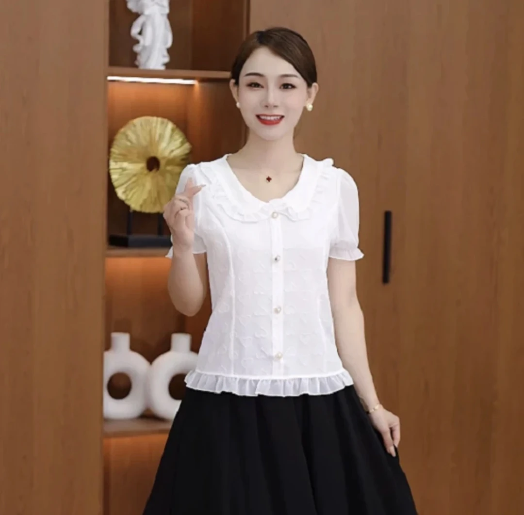 韩版女新款夏装雪纺木耳边时尚遮肚子显瘦上衣甜美修身气质小衫