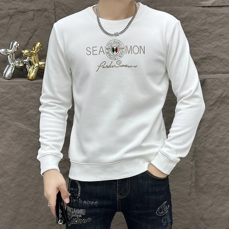 高端圆领男士卫衣2025欧货秋季新款字母烫钻潮流休闲长袖打底衫男